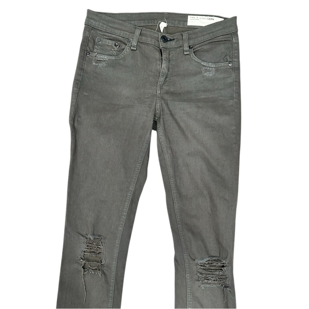 Rag & Bone Jeans Intermix Skinny Distressed Knee Rips Size 26 Denim Dark Green